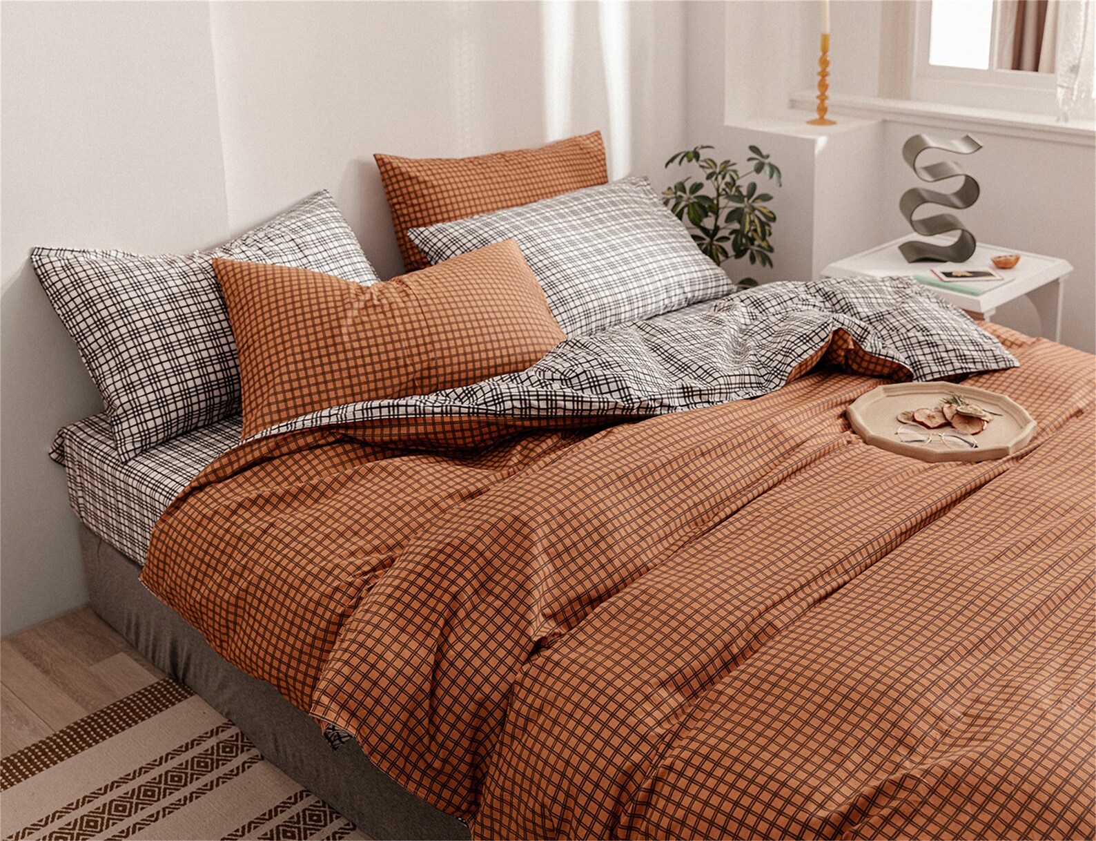 Orangebrown Striped Checkered Duvet Cover. US Size Cotton Etsy