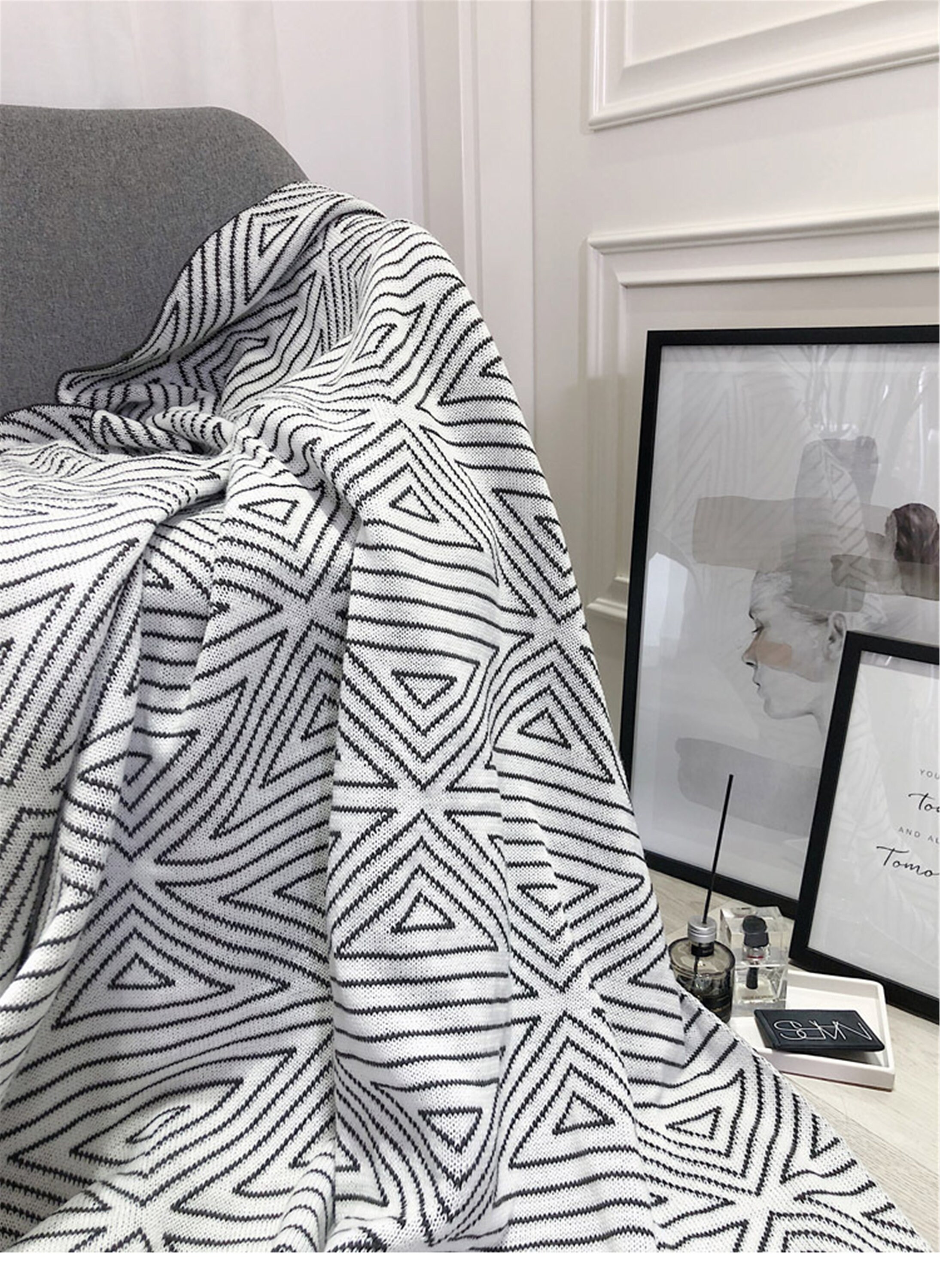 Black and White Geometric Knitted Blanket.doublesided Etsy UK