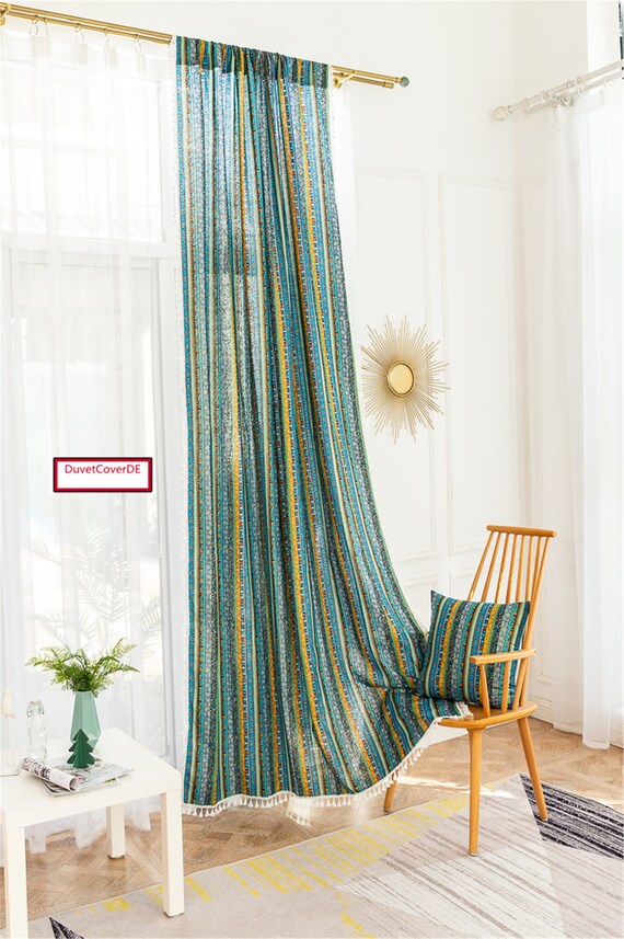 Curtain Stem Style Semiblackout Curtain in Blue Boho Style. Etsy UK