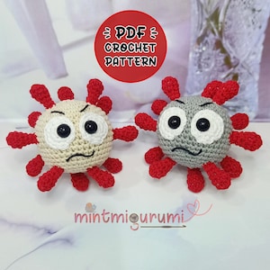 May include: Two crocheted amigurumi virus toys. One is beige with a red face and the other is gray with a red face. Both have red spikes and white eyes. The text "PDF CROCHET PATTERN" is in a red box above the toys.