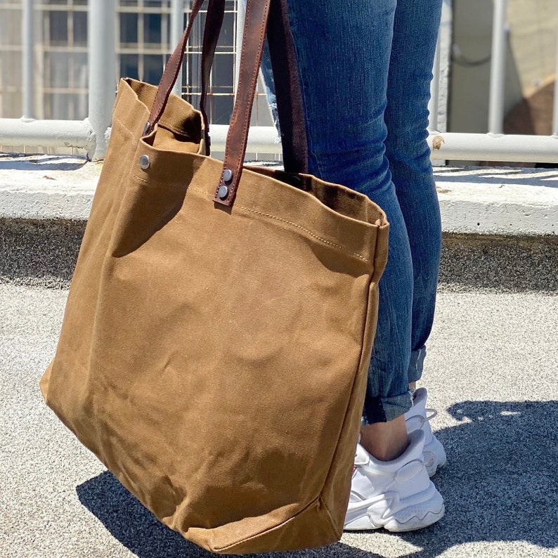 Large Waxed Canvas Tote Bag Eco Friendly Reusable Shopping Bag Heavy Duty Vintage Rustic Heritage Hand Bag Minimalist image 3