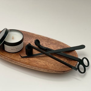 Kit d&#39;entretien pour bougies argent/noir | Trousse d&#39;outils en trois pièces | taille-bordures à mèche | Éteignoir à bougies | Louche à mèche