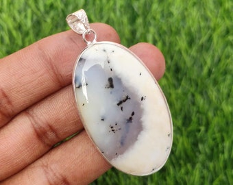 Natural Dendrite Agate Pendant: 925 Silver Plated Necklace