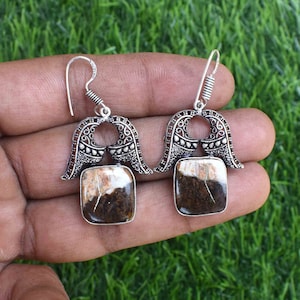 Natural Turkish Stick Agate Gemstone Earrings, Silver Plated Earrings, Handmade Earring ,Vintage Earring, Natural Earring Jewelry Gift
