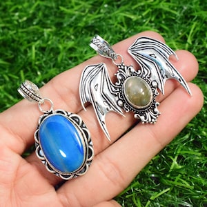 2 Pieces Labradorite Pendant Blue Onyx Pendant, Bat Pendant, Silver Plated Pendant, Wholesale Pendant, Designer Pendant, Wedding Gift