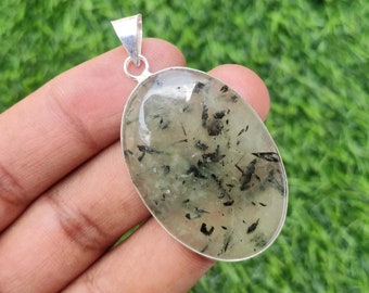 Natural Prehnite Gemstone Pendant: 925 Silver Plated, 2"