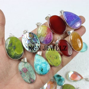 Natural Mixed Gemstone, Silver Plated Wholesales Pendants Lots, Bezel Pendant Lot, Mixed Gemstone Pendant Lots, Vintage Jewellery Necklaces