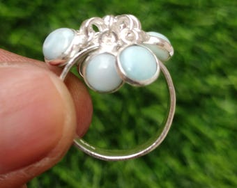 Larimar Cabochon Ring: 925 Silver Plated Brass, Handmade Gemstone Ring, Size 10