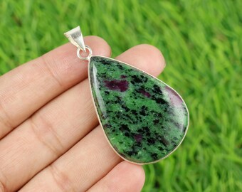 Handmade Ruby Zoisite Teardrop Pendant, 925 Silver Plated