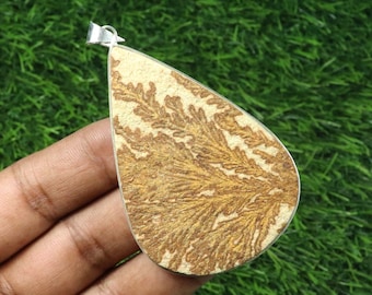 May include: A teardrop-shaped pendant made of brown and white fossilized stone with a silver bail. The stone has a fern-like pattern.