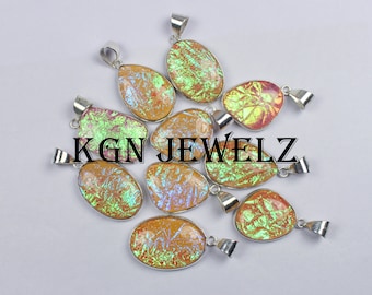 May include: A group of 10 iridescent opal pendants with silver bail settings. The opals are oval shaped and have a variety of colors, including green, blue, and pink.