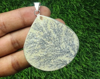 Natural Psilomelane Cabochon Pendant: German Dendrite, Silver Plated