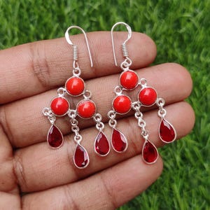 Unique Red Coral Gemstone Earrings, Red Garnet Earrings Silver Plated Earrings, Handmade Jewelry Earring Stone Earrings Anniversary Gift