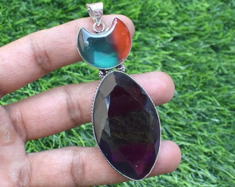 Amethyst Glass Cabochon Pendant: Silver Plated Designer Jewelry