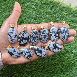 Natural Snow Flake Obsidian Cabochon Pendant Handmade Vintage Obsidian Gemstone Pendant Gold Plated Pendant ,Bulk Pendant Lot Jewelry, Gift