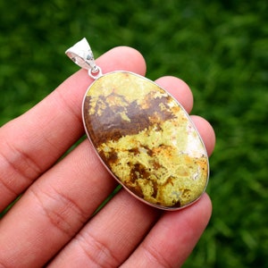 Natural Green Opal Cabochon Pendant: 925 Silver Plated Necklace
