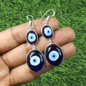 Evil Eye Earrings Charm Earrings Silver Plated Earrings Dangle Earrings, Gemstone Earrings, Blue Evil Eye Birthstone Earrings Gift for her