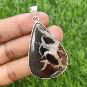 Natural Septarian Gemstone Pendant: 925 Silver Plated, 2&quot; Vintage Jewelry