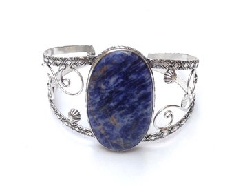 Blauer Sodalith Edelstein Armreif: Versilbertes Designer Armband