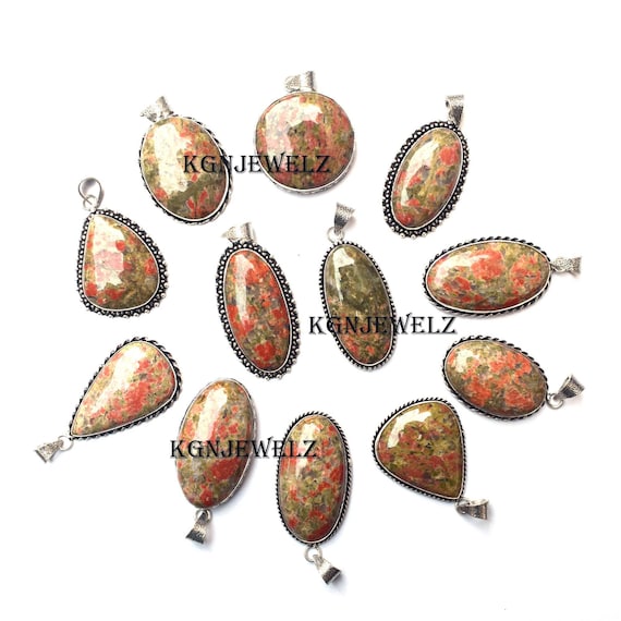 Pendentif En Argent Sterling 925 Avec Pierre Unakite Naturelle - Fait Main - Longueur 5.7 Cm (2.25")
