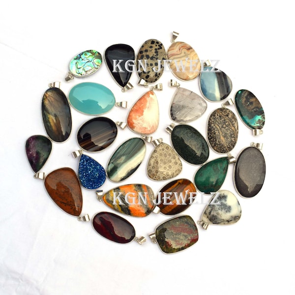 Natural Mixed Multi Color Gemstone Pendant Lot, Silver Plated Pendant, Bezel Pendant Lot, Bulk Lot Pendant Handmade Gemstone Pendant Jewelry