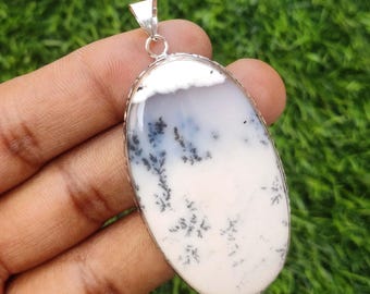 Natural Dendrite Agate Cabochon Pendant: Silver Plated Bezel