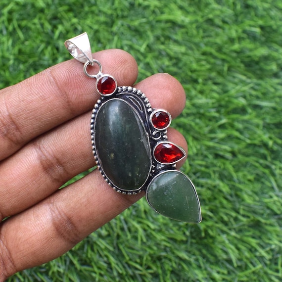 Nephrite Jade Pendant: Vintage 925 Silver Plated Cabochon