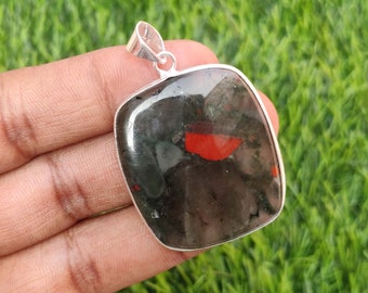 Pendentif cabochon de pierre de sang fait main : laiton plaqué argent 925, 1,5 po.