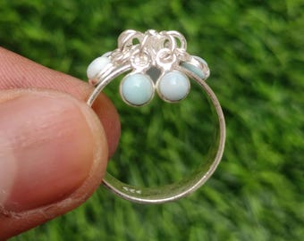 Blue Larimar Gemstone Statement Ring: Silver Plated Brass, Size 8