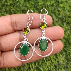Natural Green Onyx Cabochon Earrings, Pair Earrings, Silver Plated Earrings, Designer Earrings, Crystal Earrings, Onyx Earrings Jewelry