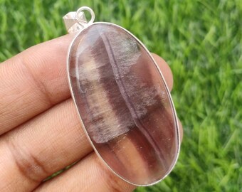 Natural Fluorite Gemstone Pendant: 925 Silver Plated Bezel, 2"