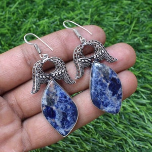 Sodalite Earrings for Women, Pearl Earrings Vintage Jewelry, Silver Plated Handmade Earring Anniversary Gift for her, Earrings, Boho Jewelry