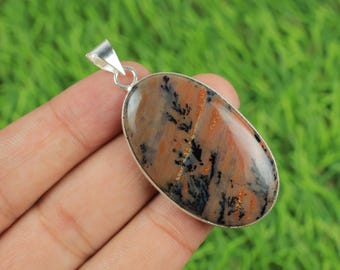Natural Dendrite Agate Pendant, Silver Plated Anniversary Gift