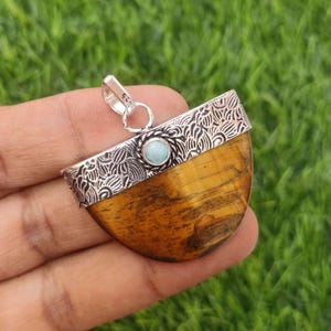 Natural Tiger&#39;s Eye Cabochon Pendant, Women Jewelry Necklace, Handmade Jewelry Sterling Silver Plated Pendant Tiger Jewelry, Birthday Gift