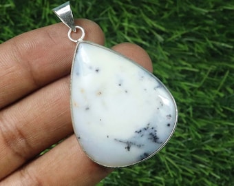 Colgante de ágata dendrita, latón bañado en plata 925, collar con forma de lágrima de 5 cm