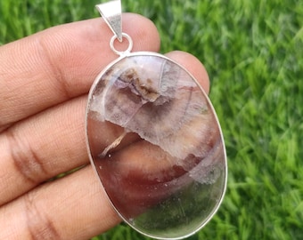 Fluorite Gemstone Pendant: 925 Silver Plated Bezel, Statement Jewelry