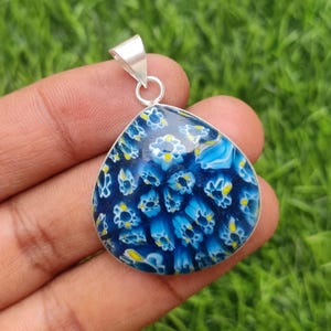 Murano Millefiori Heart Pendant Necklace: 925 Silver Plated
