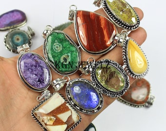 Handmade Silver Plated Gemstone Pendant Lot, Mixed Shape & Color