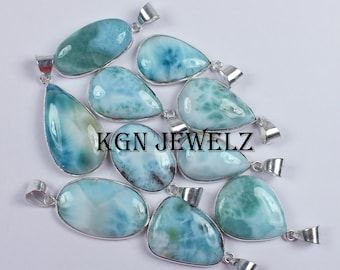 Larimar Gemstone Pendant: Silver Plated Bezel, Natural Stone