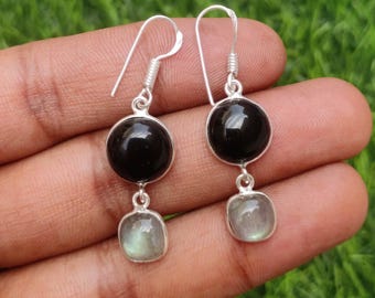 Labradorit & Schwarzer Onyx Haken Ohrringe: Versilberte Edelstein Baumeln