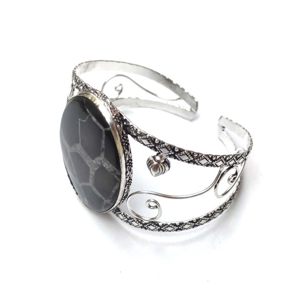 Bracelet Manchette (cuff) En Argent 925 Et Pierre Septarian Naturelle - Fait Main En Inde - Réglable