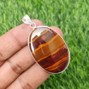 Natural Iron Tiger Eye Pendant: 925 Silver Plated, 2&quot; Gemstone Necklace