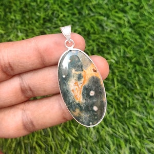 Natural Ocean Jasper Cabochon Pendant,925 Sterling Silver Plated Pendant, Green Ocean Jasper Pendant,  Charm Pendant, Necklace Birthday Gift