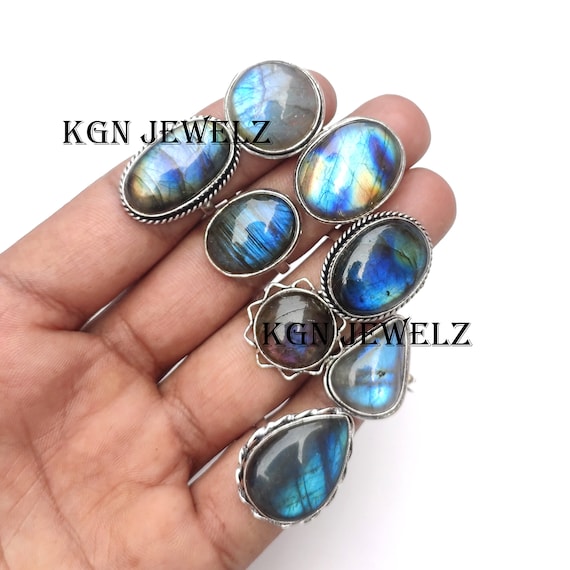 Lotto Ingrosso 10 Anelli In Larimar Con Placcatura Argento 925 - Gioielli Artigianali Dall'India