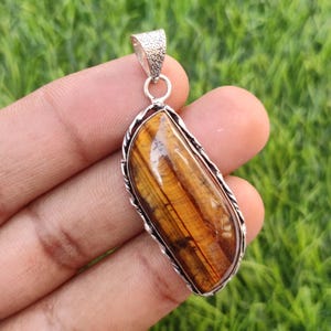 Handmade Tiger&#39;s Eye Pendant: 925 Silver Plated Gemstone Jewelry