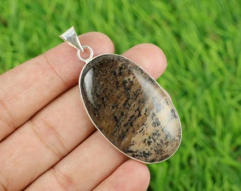 Natural Honey Dendrite Agate Cabochon Pendant, Silver Plated Pendant, Anniversary Gift