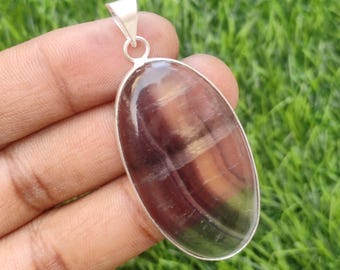 Natural Fluorite Gemstone Pendant: Silver Plated Bezel, 2"