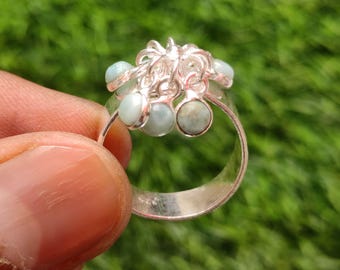 Larimar Cabochon Ring: 925 Silver Plated Gemstone, Adjustable Size 10