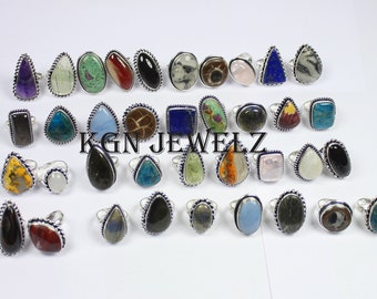 Mixed Gemstone Silver Plated Rings: Bezel Statement Rings Lot