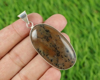Natural Honey Dendrite Agate Cabochon Pendant, Opal Pendant ,Silver Plated Anniversary Gift